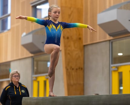 Zoe on beam at West Melton Gymnastics Club Annual Best of West Competition 2021